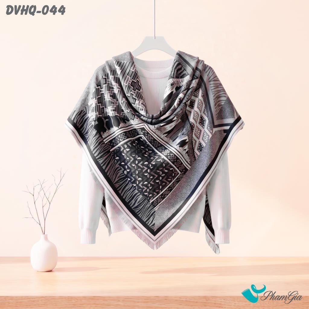 Khăn Choàng Dạ Cashmere Vuông Phong Cách Hàn Quốc Cao Cấp Họa Tiết Retro Màu Đen Xám (DVHQ044)