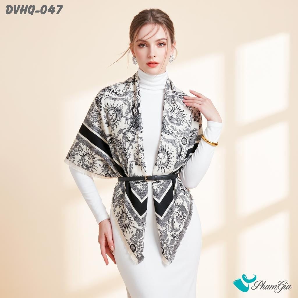 Khăn Choàng Dạ Cashmere Vuông Phong Cách Hàn Quốc Cao Cấp Họa Tiết Mặt Trời Màu Đen Trắng (DVHQ047)