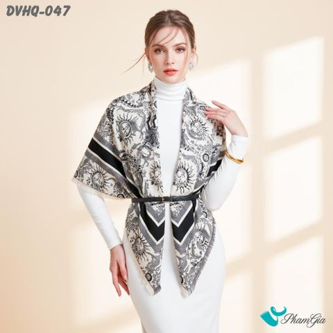 Khăn Choàng Dạ Cashmere Vuông Phong Cách Hàn Quốc Cao Cấp Họa Tiết Mặt Trời Màu Đen Trắng (DVHQ047)