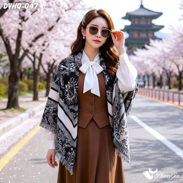 Khăn Choàng Dạ Cashmere Vuông Phong Cách Hàn Quốc Cao Cấp Họa Tiết Mặt Trời Màu Đen Trắng (DVHQ047)