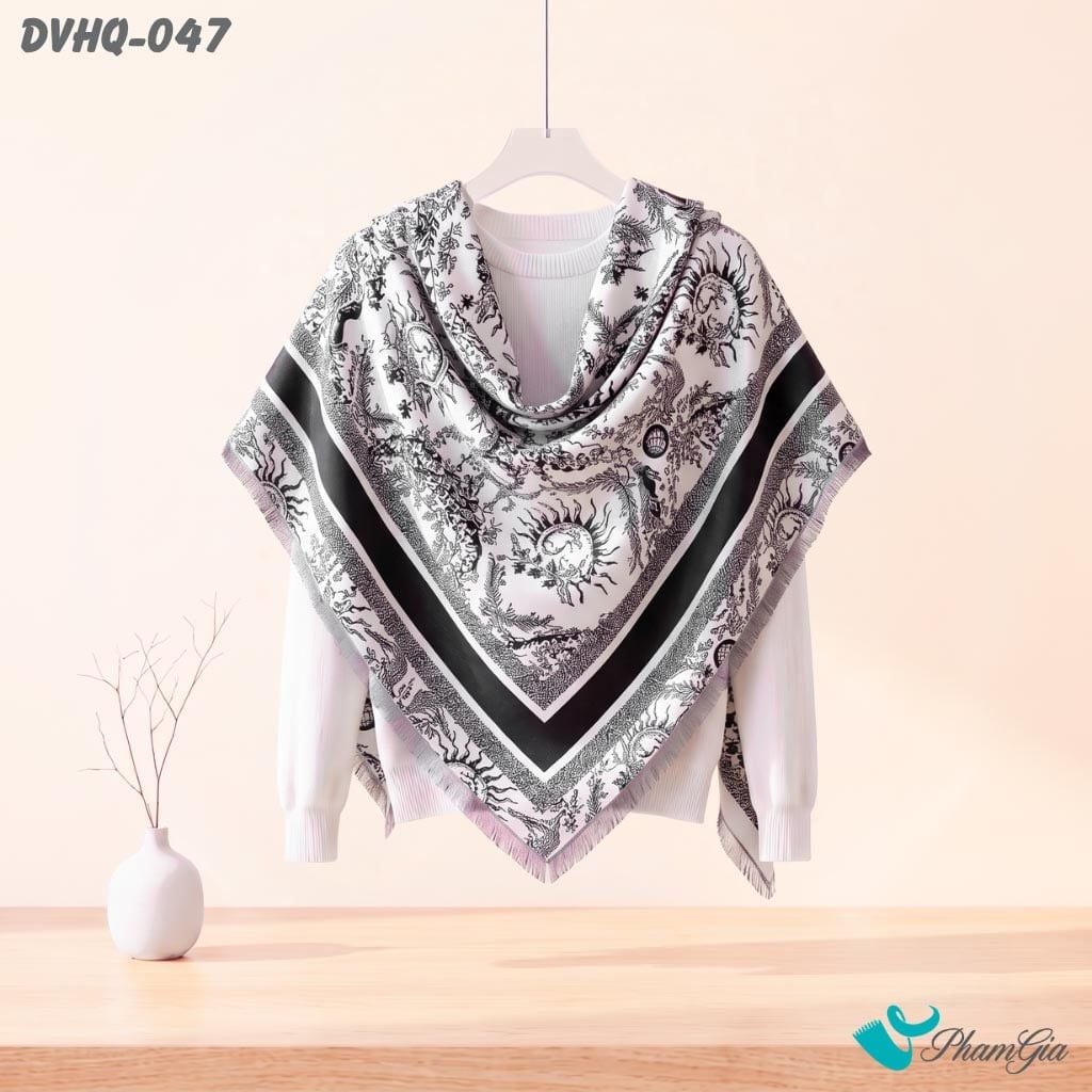 Khăn Choàng Dạ Cashmere Vuông Phong Cách Hàn Quốc Cao Cấp Họa Tiết Mặt Trời Màu Đen Trắng (DVHQ047)