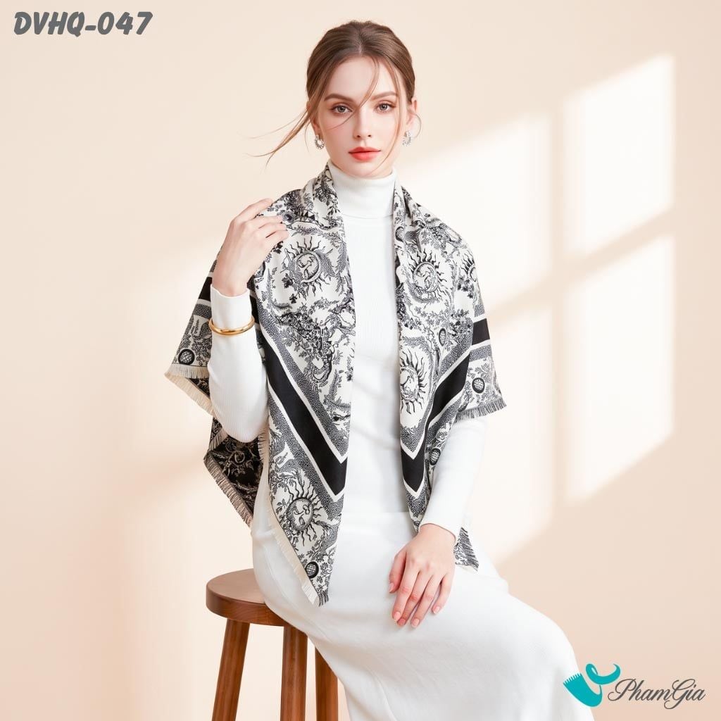 Khăn Choàng Dạ Cashmere Vuông Phong Cách Hàn Quốc Cao Cấp Họa Tiết Mặt Trời Màu Đen Trắng (DVHQ047)