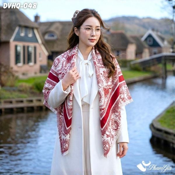 Khăn Choàng Dạ Cashmere Vuông Phong Cách Hàn Quốc Cao Cấp Họa Tiết Mặt Trời Màu Đỏ (DVHQ048)