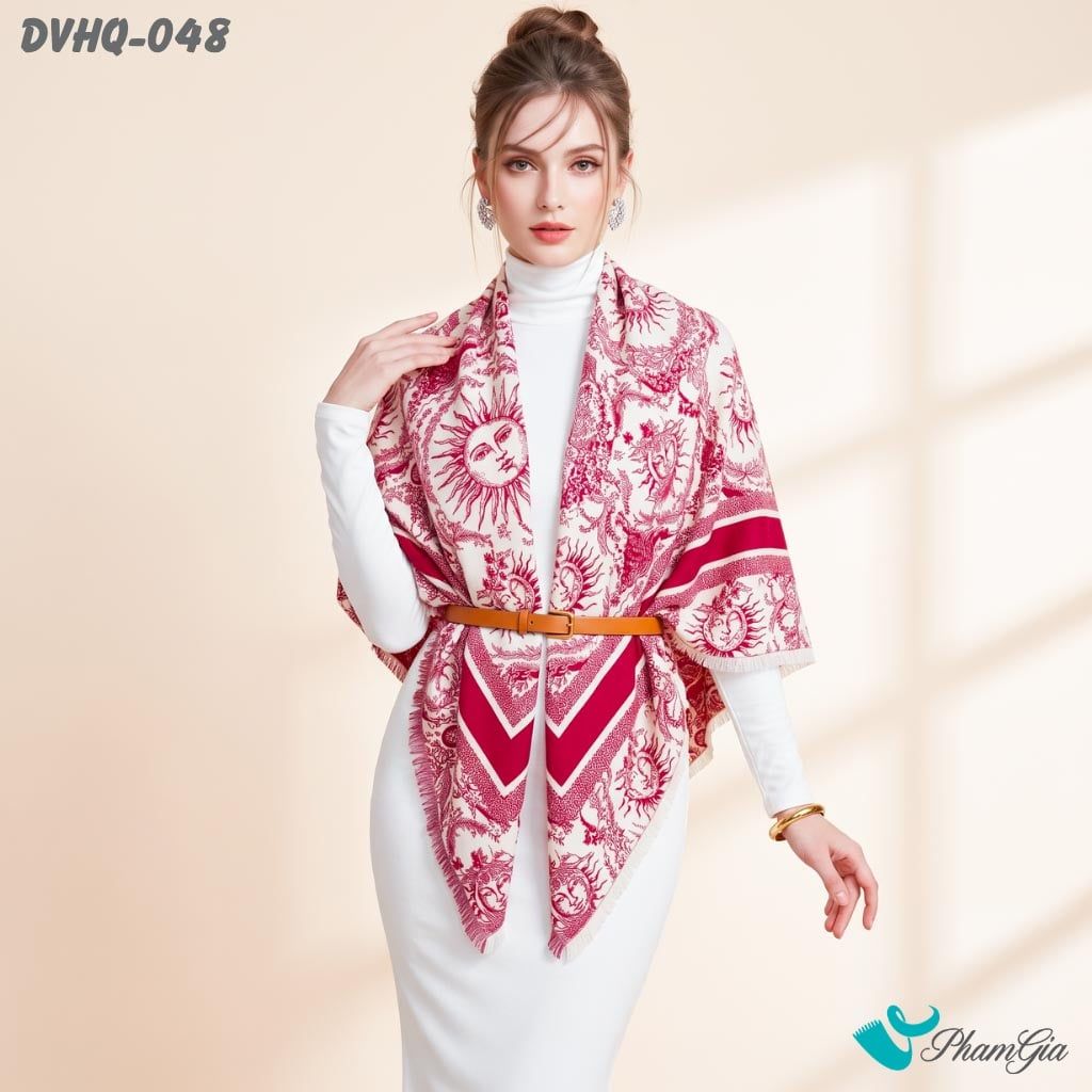 Khăn Choàng Dạ Cashmere Vuông Phong Cách Hàn Quốc Cao Cấp Họa Tiết Mặt Trời Màu Đỏ (DVHQ048)