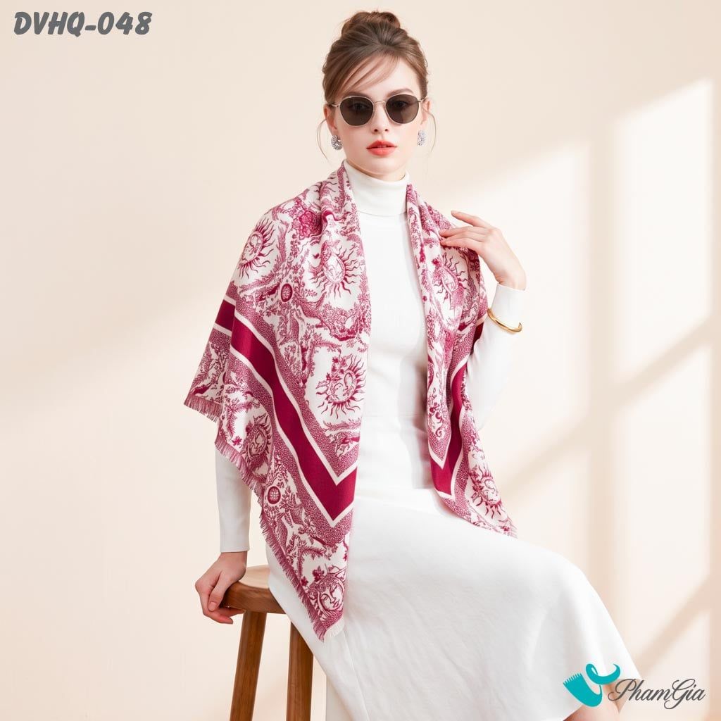 Khăn Choàng Dạ Cashmere Vuông Phong Cách Hàn Quốc Cao Cấp Họa Tiết Mặt Trời Màu Đỏ (DVHQ048)