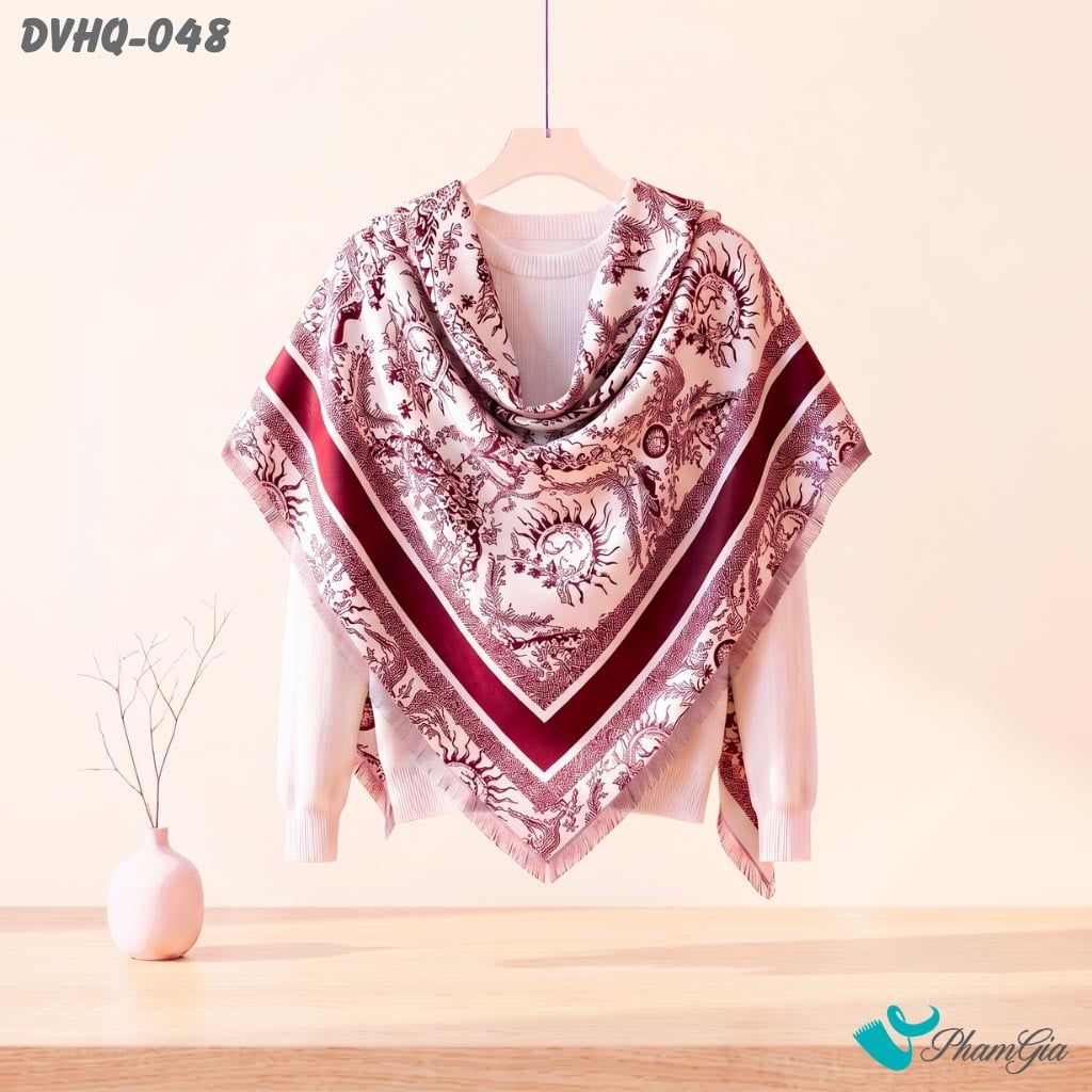 Khăn Choàng Dạ Cashmere Vuông Phong Cách Hàn Quốc Cao Cấp Họa Tiết Mặt Trời Màu Đỏ (DVHQ048)