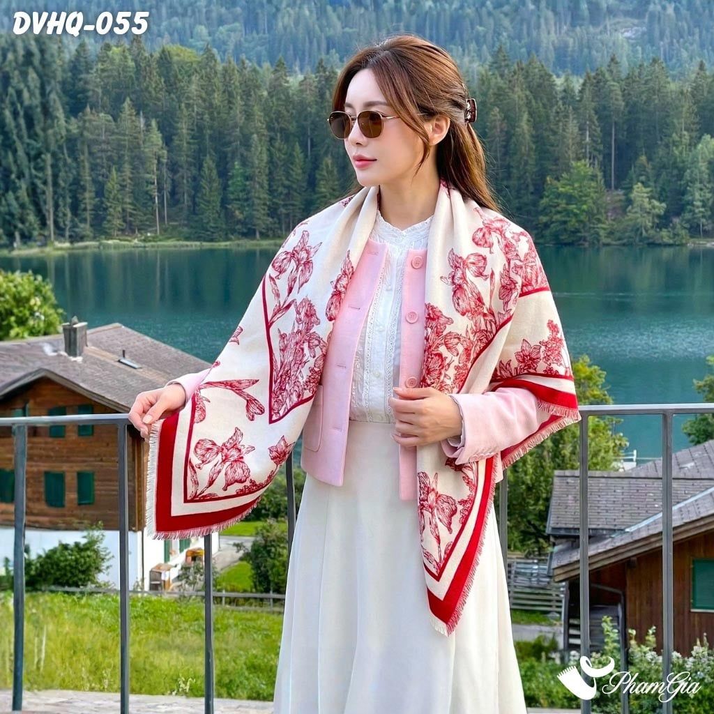 Khăn Choàng Dạ Cashmere Vuông Phong Cách Hàn Quốc Cao Cấp Họa Tiết Hoa Diên Vĩ Màu Đỏ (DVHQ055)
