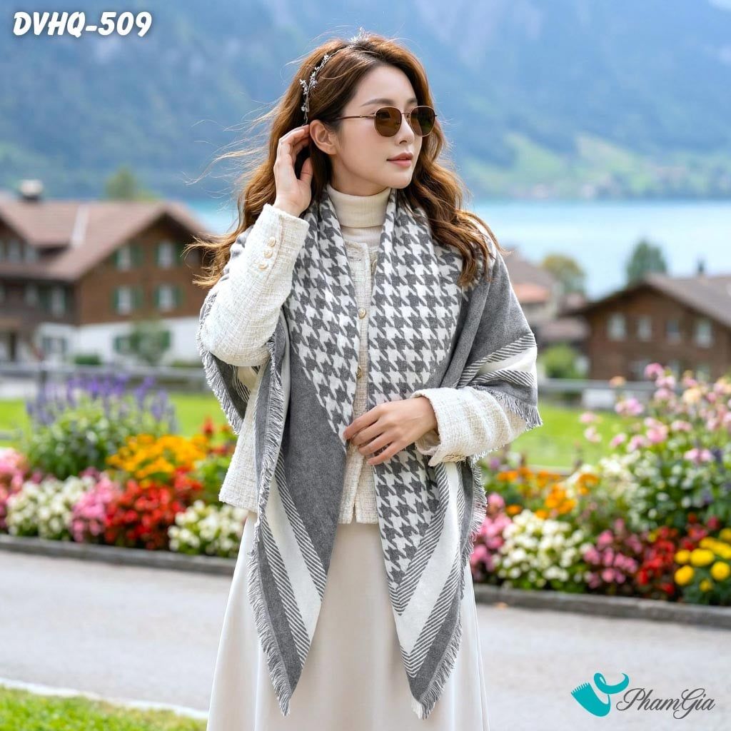 Khăn Choàng Dạ Cashmere Vuông Phong Cách Hàn Quốc Phiên Bản Mới Họa Tiết Nanh Sói Xám Khói (DVHQ509)