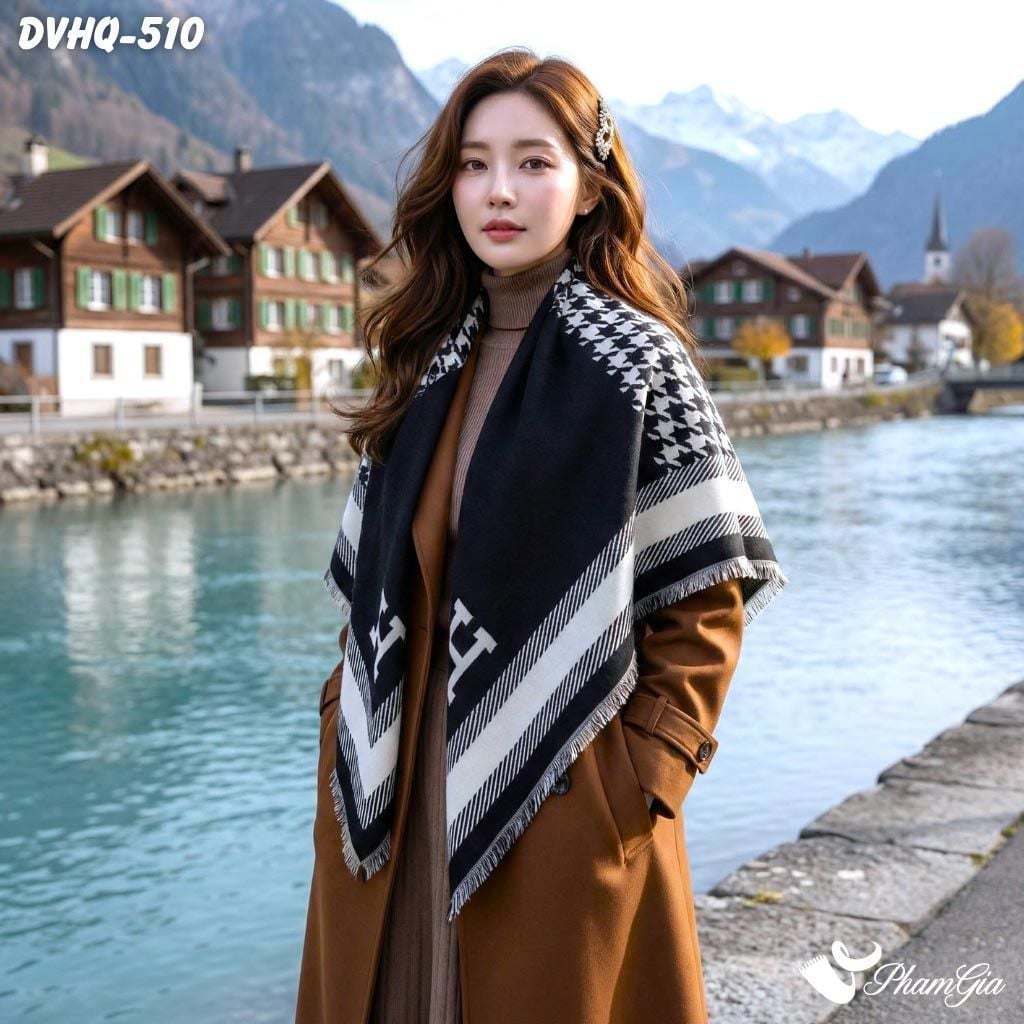 Khăn Choàng Dạ Cashmere Vuông Phong Cách Hàn Quốc Phiên Bản Mới Họa Tiết Nanh Sói Trắng Đen (DVHQ510)