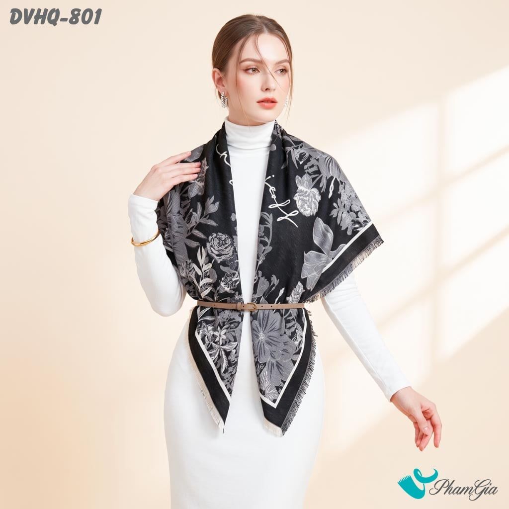 Khăn Choàng Dạ Cashmere Vuông Luxury Họa Tiết Vườn Hoa Màu Đen Khói (DVHQ801)