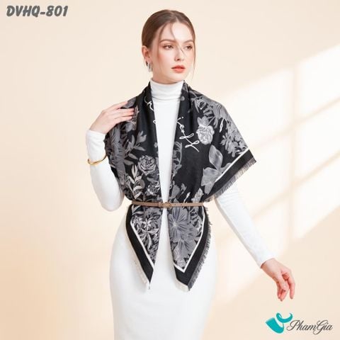 Khăn Choàng Dạ Cashmere Vuông Luxury Họa Tiết Vườn Hoa Màu Đen Khói (DVHQ801)