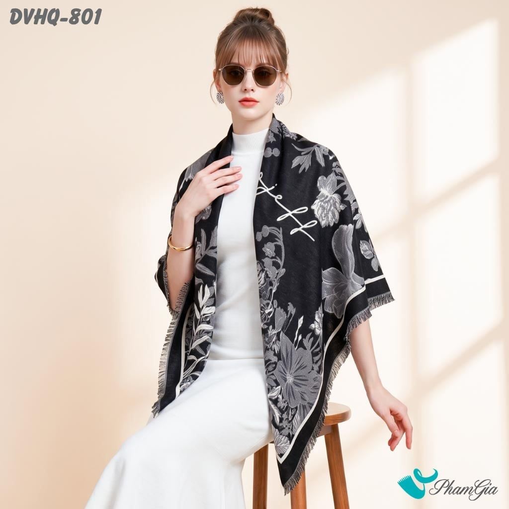 Khăn Choàng Dạ Cashmere Vuông Luxury Họa Tiết Vườn Hoa Màu Đen Khói (DVHQ801)