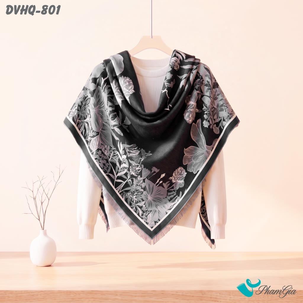 Khăn Choàng Dạ Cashmere Vuông Luxury Họa Tiết Vườn Hoa Màu Đen Khói (DVHQ801)
