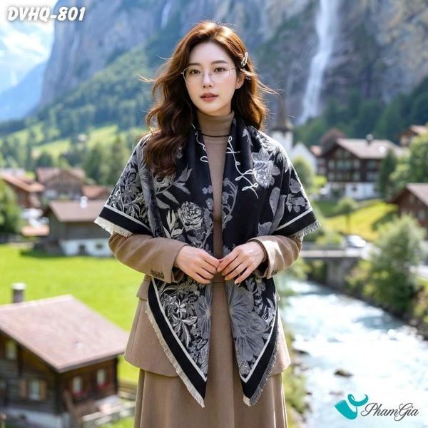 Khăn Choàng Dạ Cashmere Vuông Luxury Họa Tiết Vườn Hoa Màu Đen Khói (DVHQ801)
