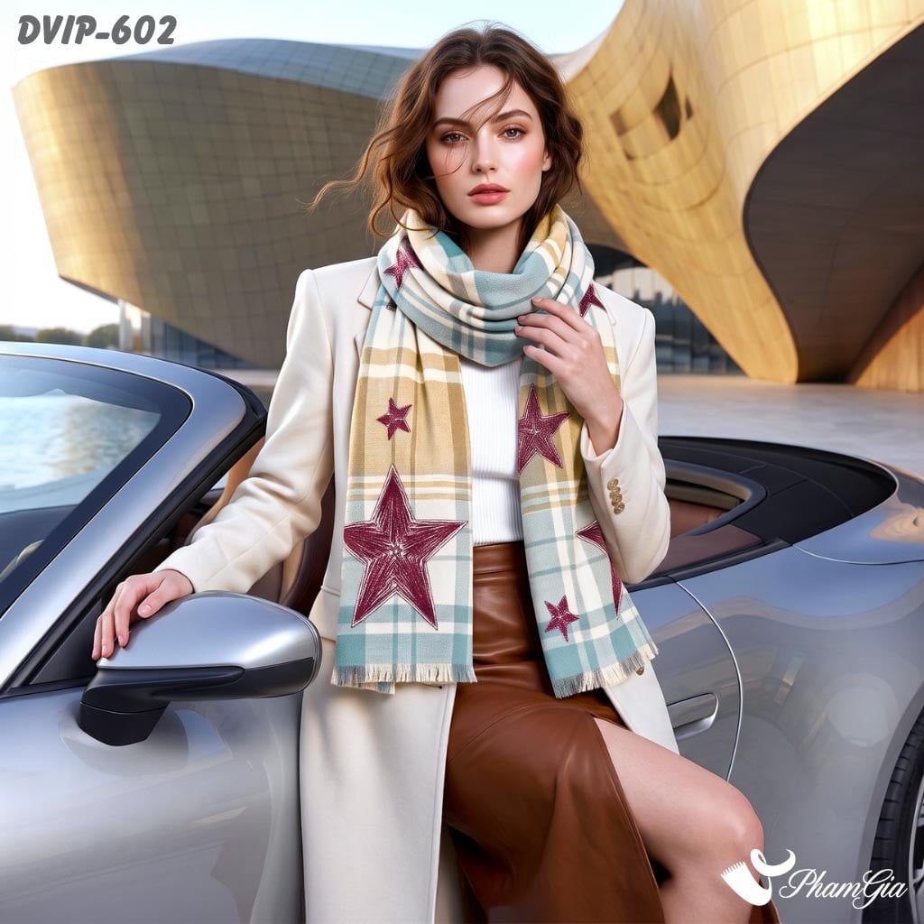 Khăn Choàng Dạ De Vip Giữ Ấm Cao Cấp Họa Tiết Ngôi Sao Kẻ Caro Màu Đỏ Phối Beige (DVIP602)