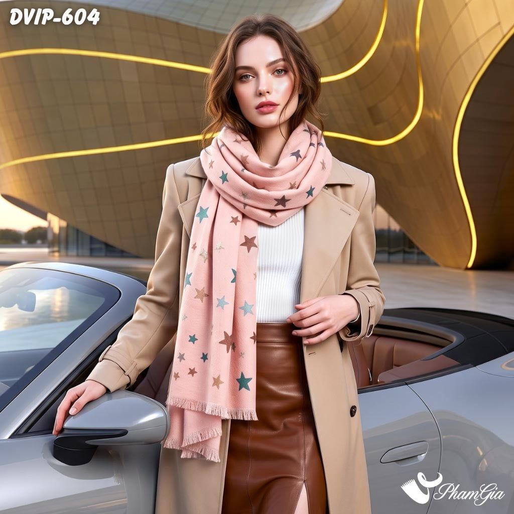Khăn Choàng Dạ De Vip Giữ Ấm Cao Cấp Họa Tiết Ngôi Sao Đa Sắc Màu Hồng Phấn (DVIP604)