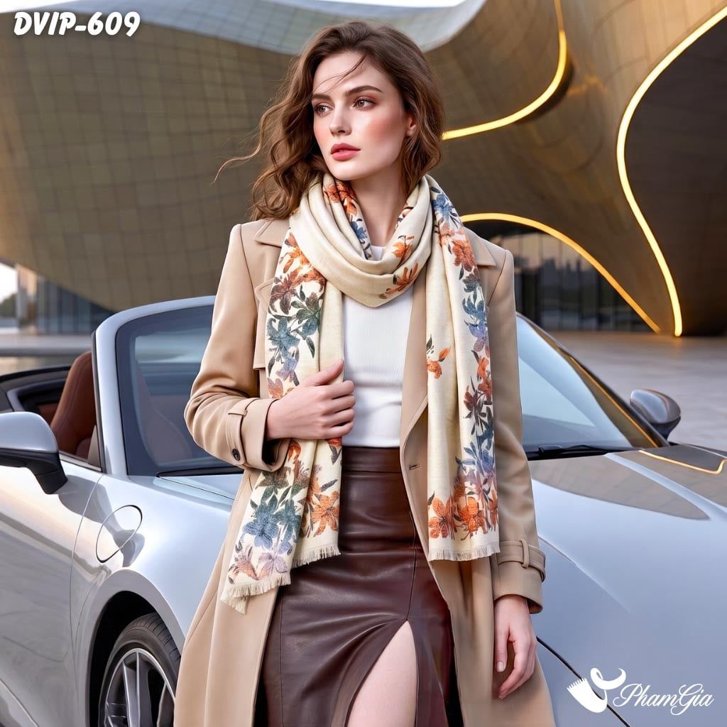 Khăn Choàng Dạ De Vip Giữ Ấm Cao Cấp Họa Tiết Viền Hoa Lá Trang Nhã Màu Kem (DVIP609)