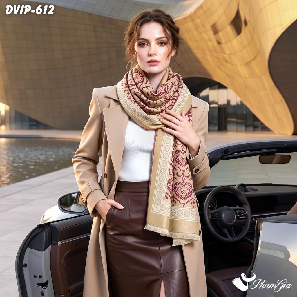 Khăn Choàng Dạ De Vip Giữ Ấm Cao Cấp Họa Tiết Hoa Văn Cổ Điển Màu Beige - Đỏ (DVIP612)