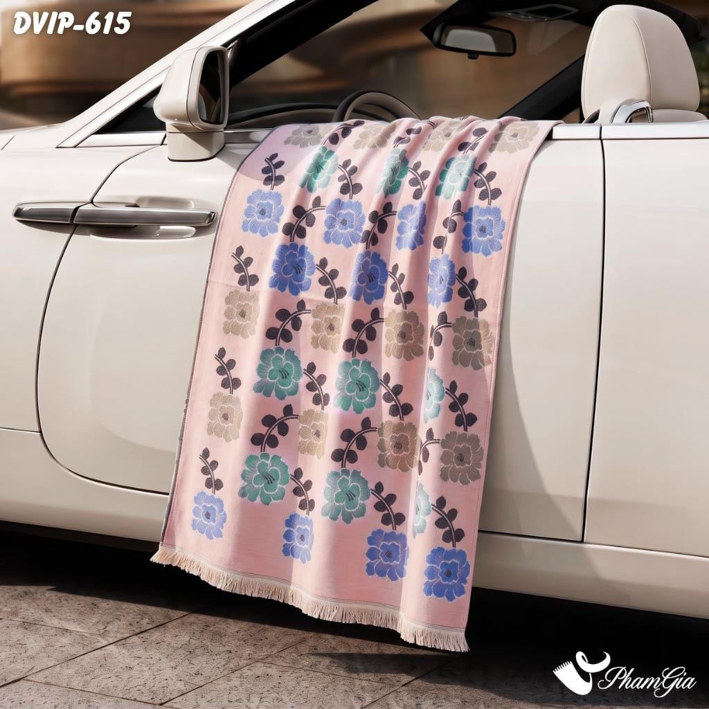 Khăn Choàng Dạ De Vip Giữ Ấm Cao Cấp Họa Tiết Hoa Cúc Màu Xanh Nền Hồng (DVIP615)