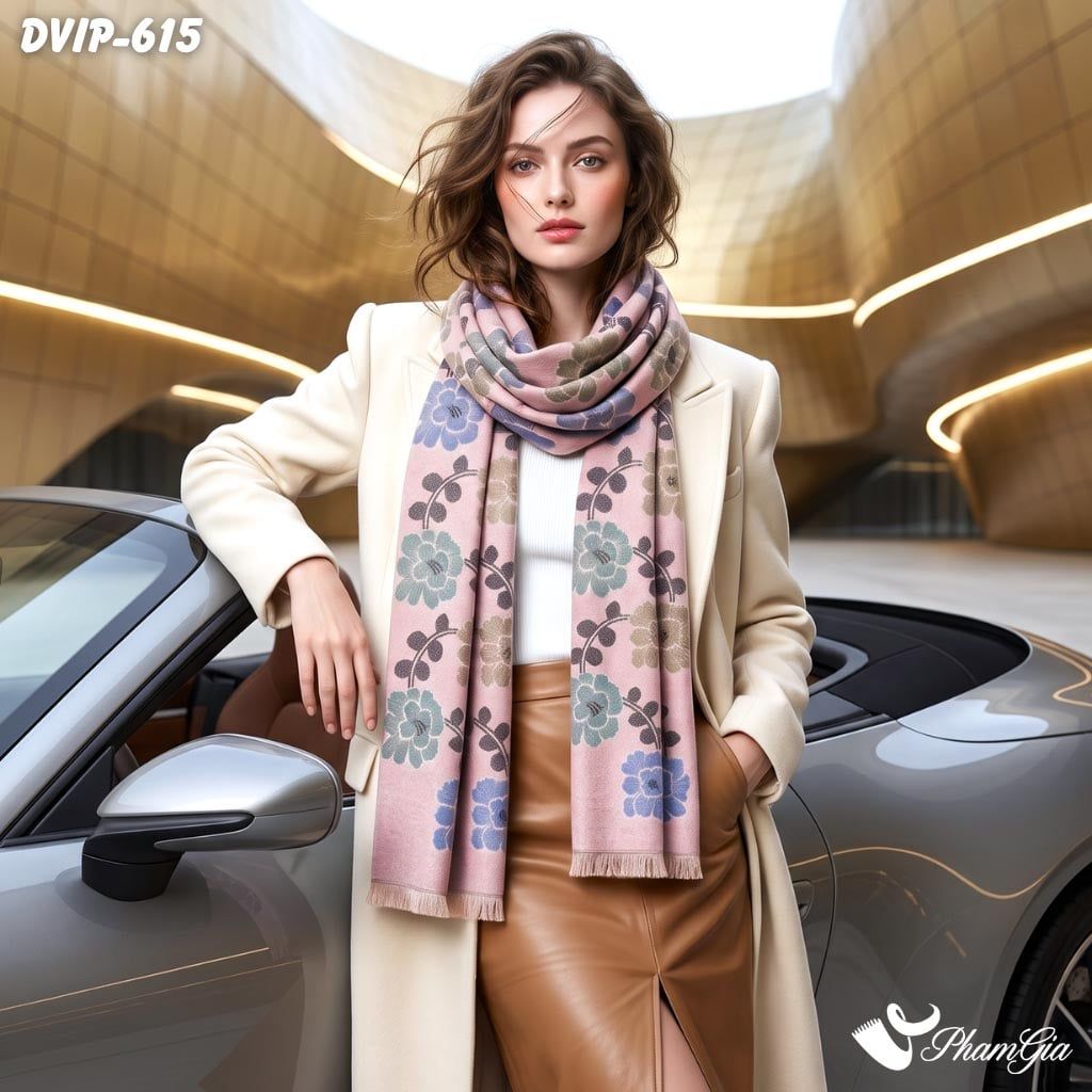 Khăn Choàng Dạ De Vip Giữ Ấm Cao Cấp Họa Tiết Hoa Cúc Màu Xanh Nền Hồng (DVIP615)
