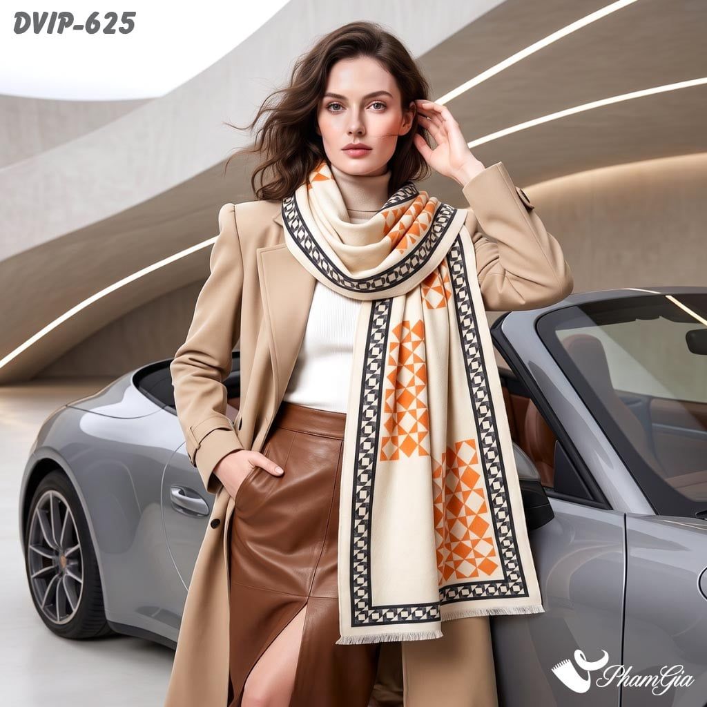 Khăn Choàng Dạ De Vip Giữ Ấm Cao Cấp Họa Tiết Lập Phương Caro Màu Cam (DVIP625)