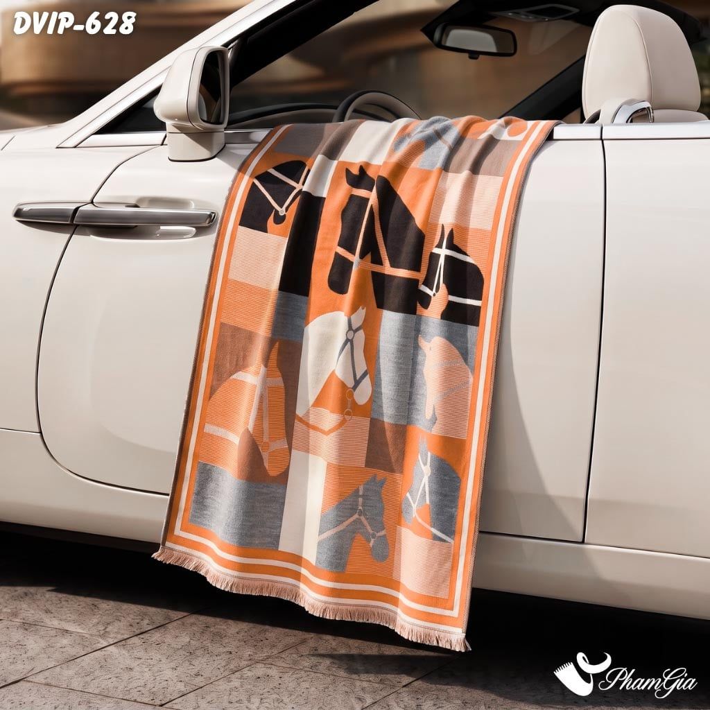 Khăn Choàng Dạ De Vip Giữ Ấm Cao Cấp Họa Tiết Kị Binh Retro Phối Khối Màu Cam - Xám (DVIP628)