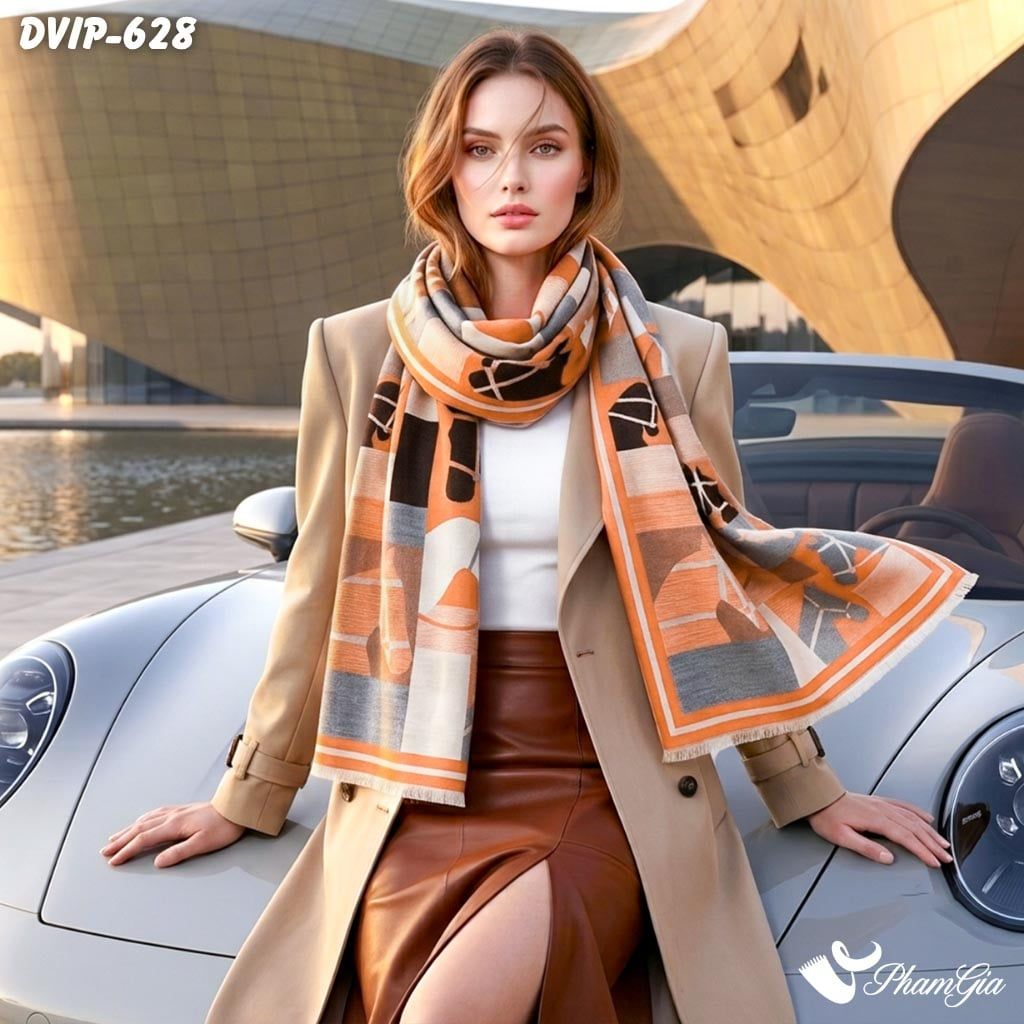 Khăn Choàng Dạ De Vip Giữ Ấm Cao Cấp Họa Tiết Kị Binh Retro Phối Khối Màu Cam - Xám (DVIP628)