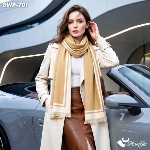Khăn Choàng Dạ De Vip Giữ Ấm Cao Cấp Họa Tiết Viền Sọc Tối Giản Màu Bạc Xỉu (DVIP701)