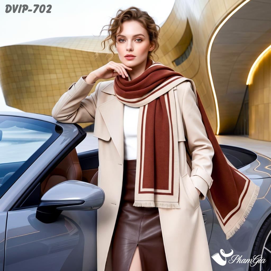 Khăn Choàng Dạ De Vip Giữ Ấm Cao Cấp Họa Tiết Viền Sọc Tối Giản Màu Nâu Tây (DVIP702)