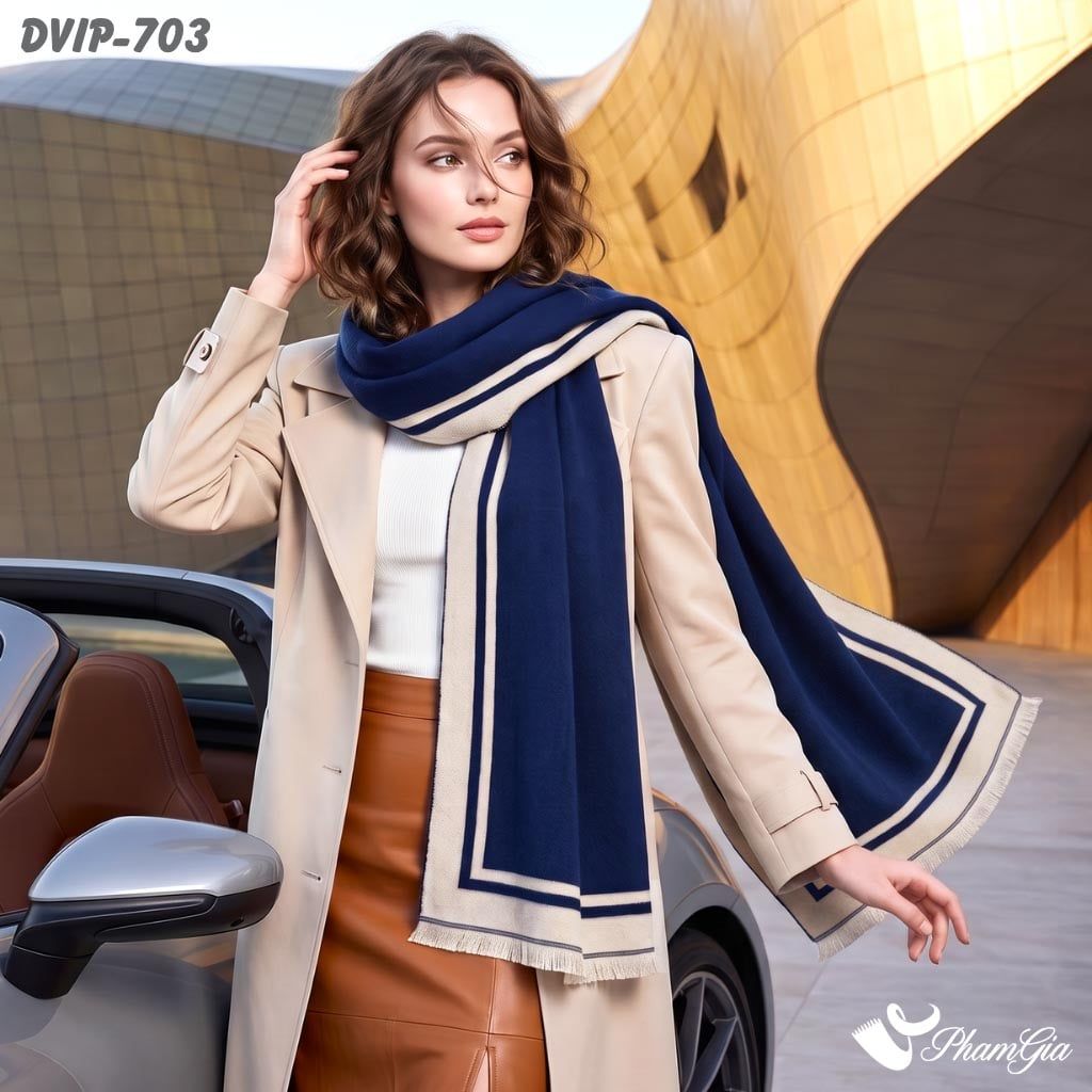 Khăn Choàng Dạ De Vip Giữ Ấm Cao Cấp Họa Tiết Viền Sọc Tối Giản Màu Xanh Navy (DVIP703)