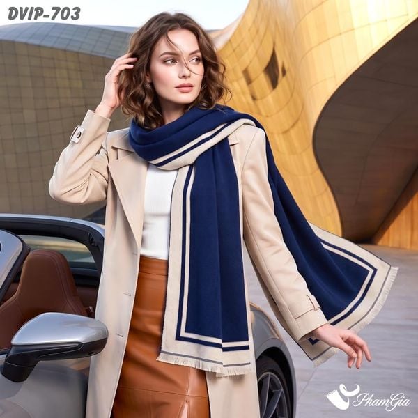 Khăn Choàng Dạ De Vip Giữ Ấm Cao Cấp Họa Tiết Viền Sọc Tối Giản Màu Xanh Navy (DVIP703)