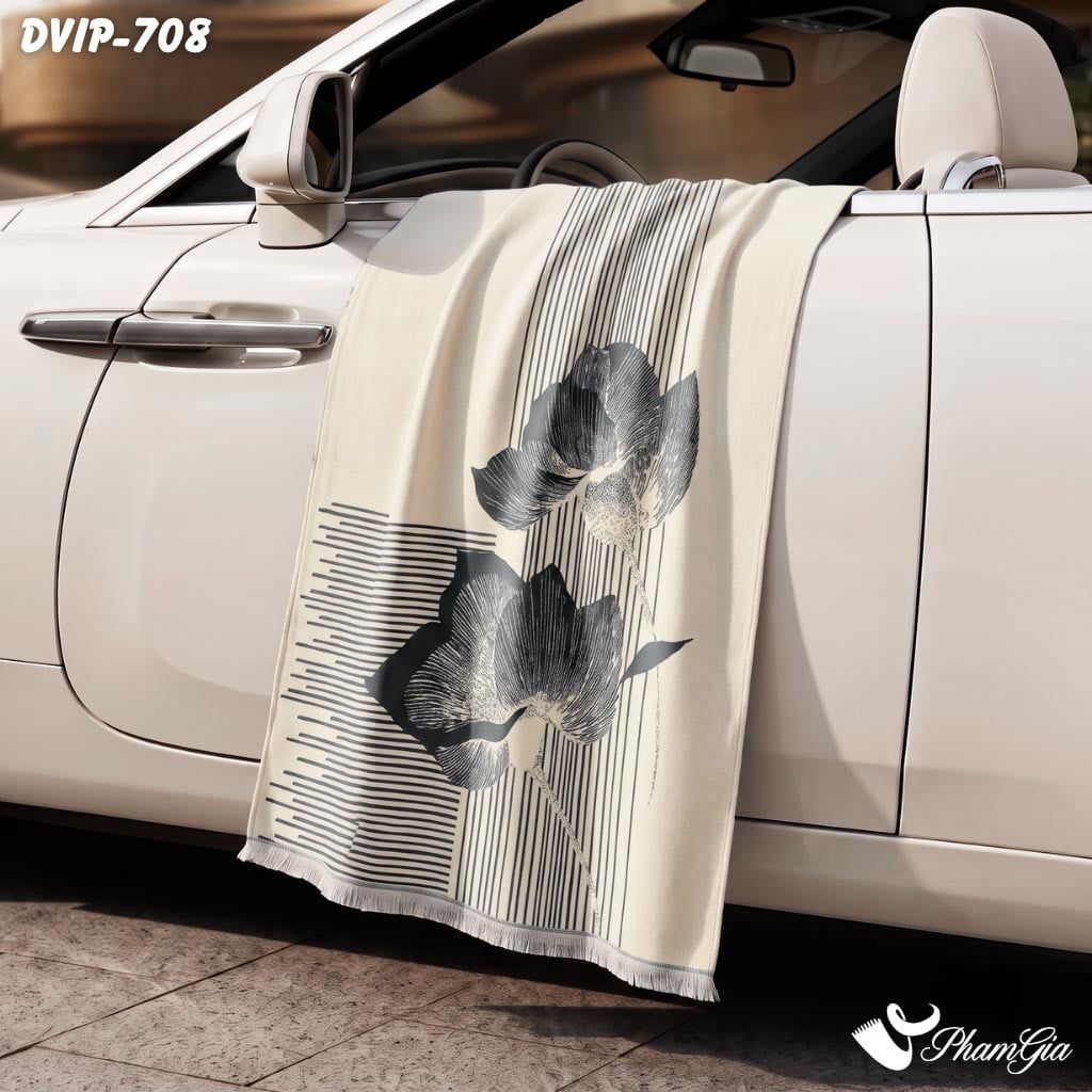 Khăn Choàng Dạ De Vip Giữ Ấm Cao Cấp Họa Tiết Hoa Đại Đóa Kẻ Sọc Màu Kem Xám Ghi (DVIP708)