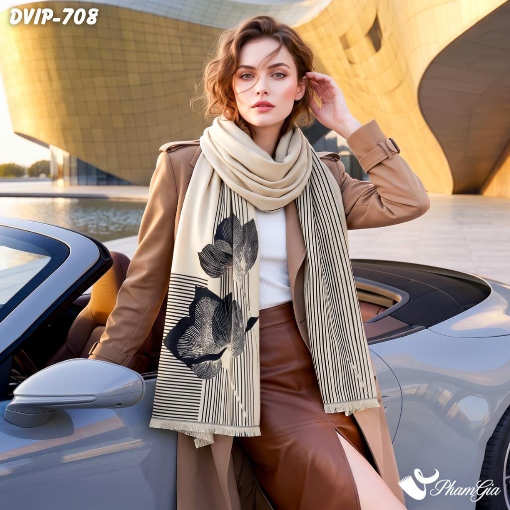 Khăn Choàng Dạ De Vip Giữ Ấm Cao Cấp Họa Tiết Hoa Đại Đóa Kẻ Sọc Màu Kem Xám Ghi (DVIP708)