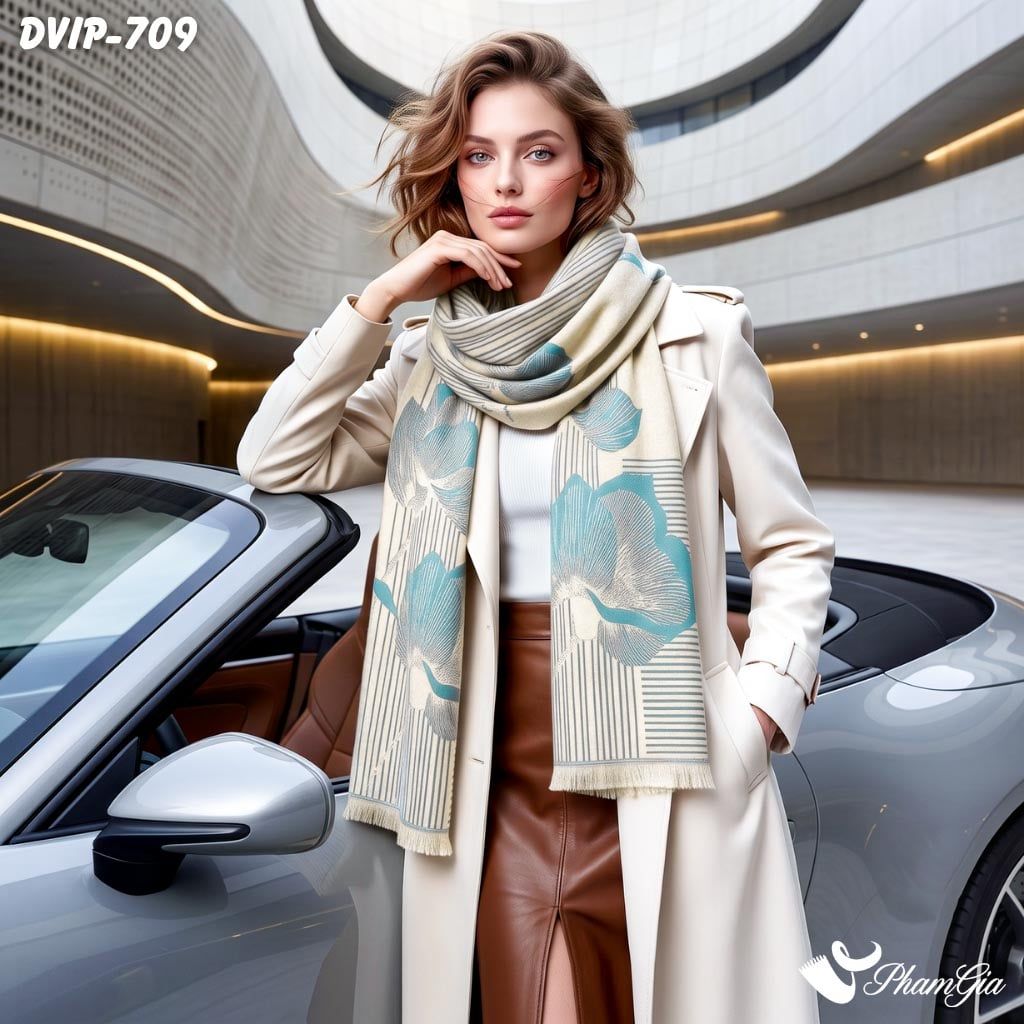 Khăn Choàng Dạ De Vip Giữ Ấm Cao Cấp Họa Tiết Hoa Đại Đóa Kẻ Sọc Màu Kem Xám Khói (DVIP709)