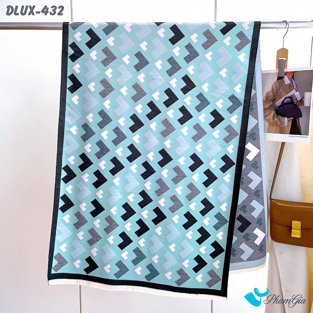 Họa Tiết Khăn Choàng Dạ Cashmere Cao Cấp Họa Tiết Mũi Tên Hình Học Màu Xanh Baby Viền Đen Cá Tính