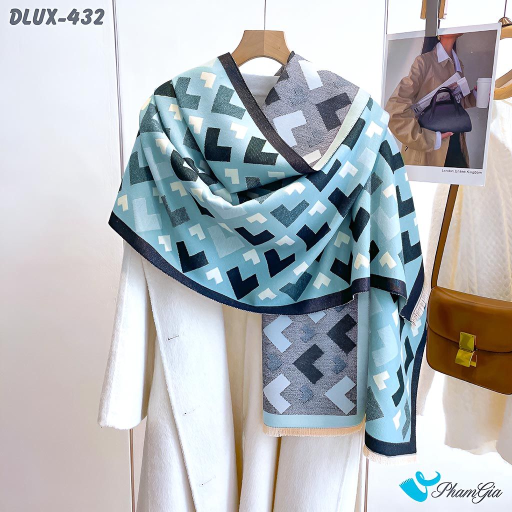 Góc Thẳng Khăn Choàng Dạ Cashmere Cao Cấp Họa Tiết Mũi Tên Hình Học Màu Xanh Baby Viền Đen Cá Tính
