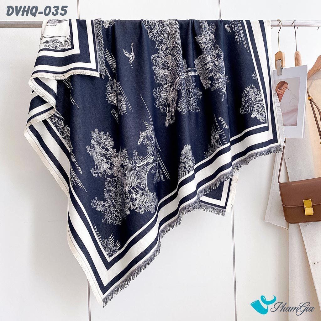 Khăn Choàng Dạ Cashmere Vuông Phong Cách Hàn Quốc Cao Cấp Họa Tiết Cây Cổ Thụ Màu Xanh Navy