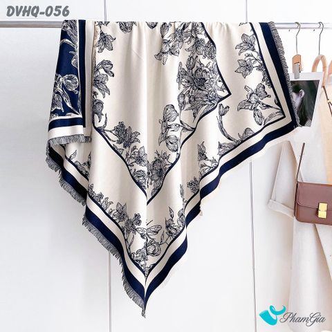 Khăn Choàng Dạ Cashmere Vuông Phong Cách Hàn Quốc Cao Cấp Họa Tiết Hoa Diên Vĩ Màu Xanh Navy