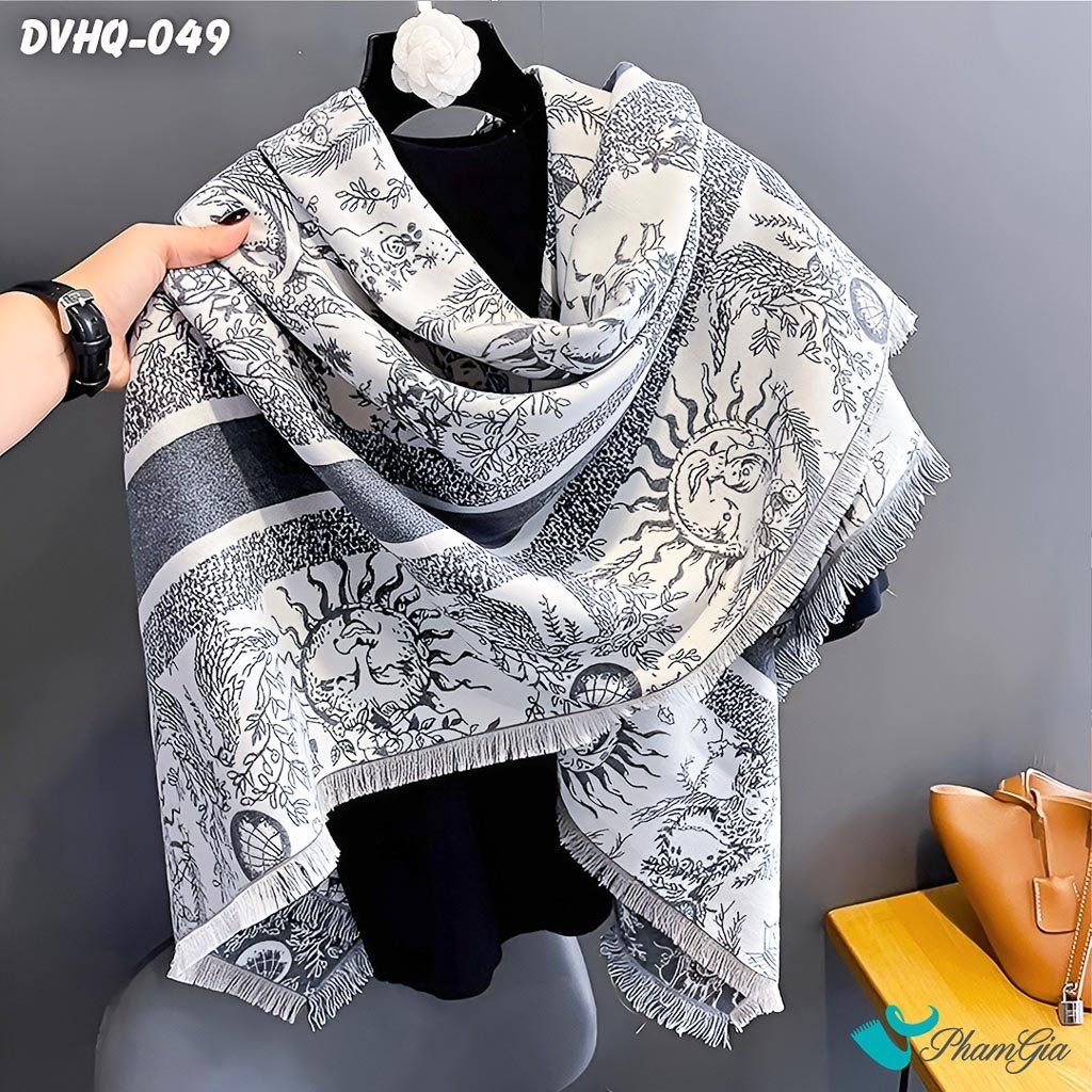 Góc Nghiêng Khăn Choàng Dạ Cashmere Vuông Phong Cách Hàn Quốc Cao Cấp Họa Tiết Mặt Trời Màu Xám Khói