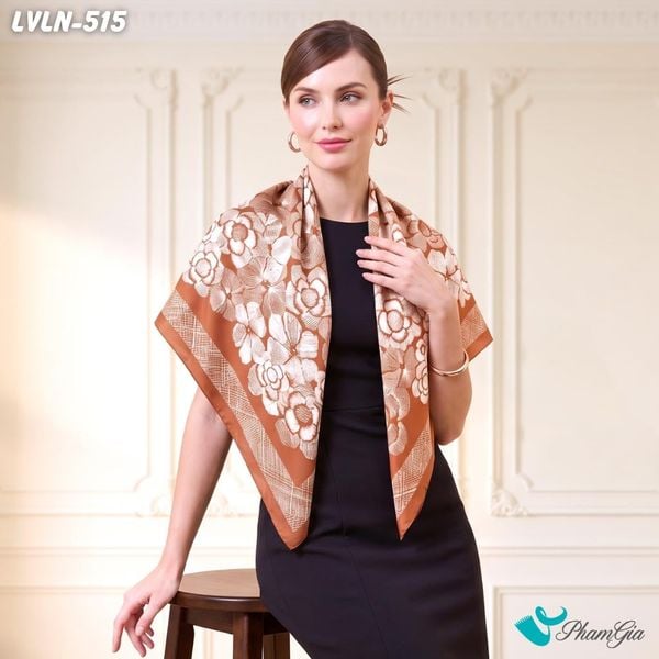Khăn Lụa Vuông Luna 90X90Cm Họa Tiết Hoa Trà Nghệ Thuật Màu Nâu Caramel Sang Trọng (LVLN515)