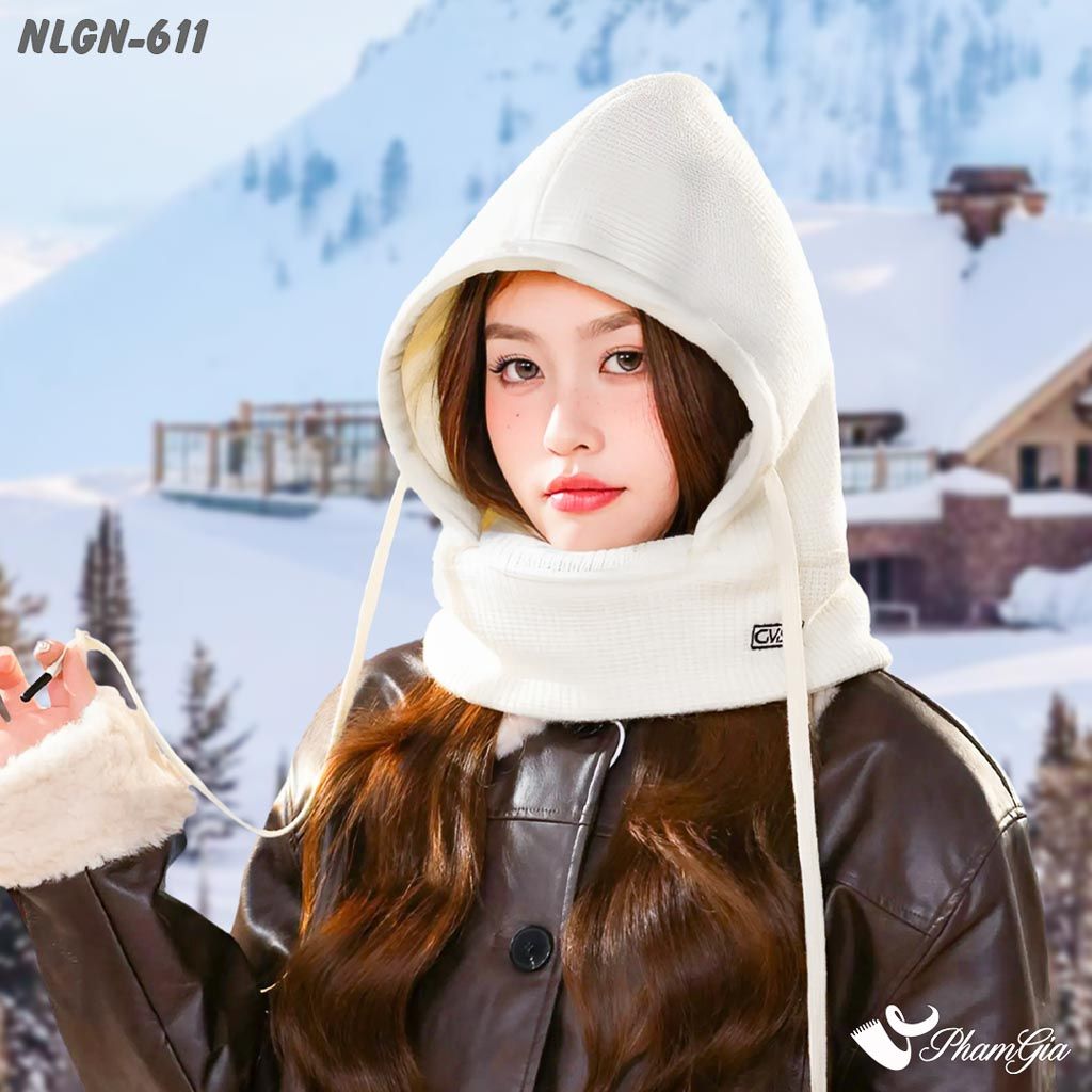 Nón Len Lót Lông Giữ Nhiệt Chuyên Dụng Tích Hợp Khẩu Trang Giữ Ấm Màu Trắng
