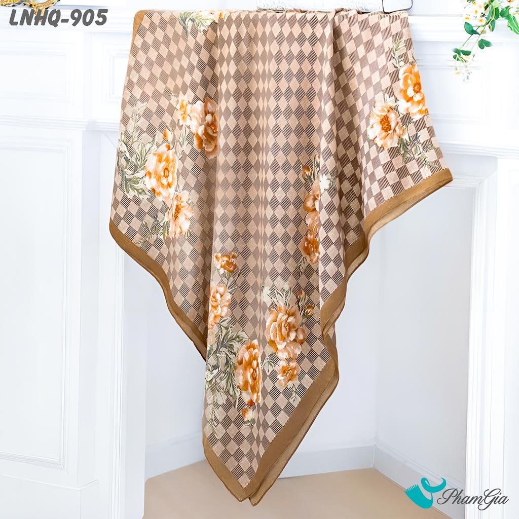 Họa Tiết Khăn Choàng Linen Phong Cách Hàn Quốc Họa Tiết Caro Nâu Beige Phối Hoa Sang Trọng