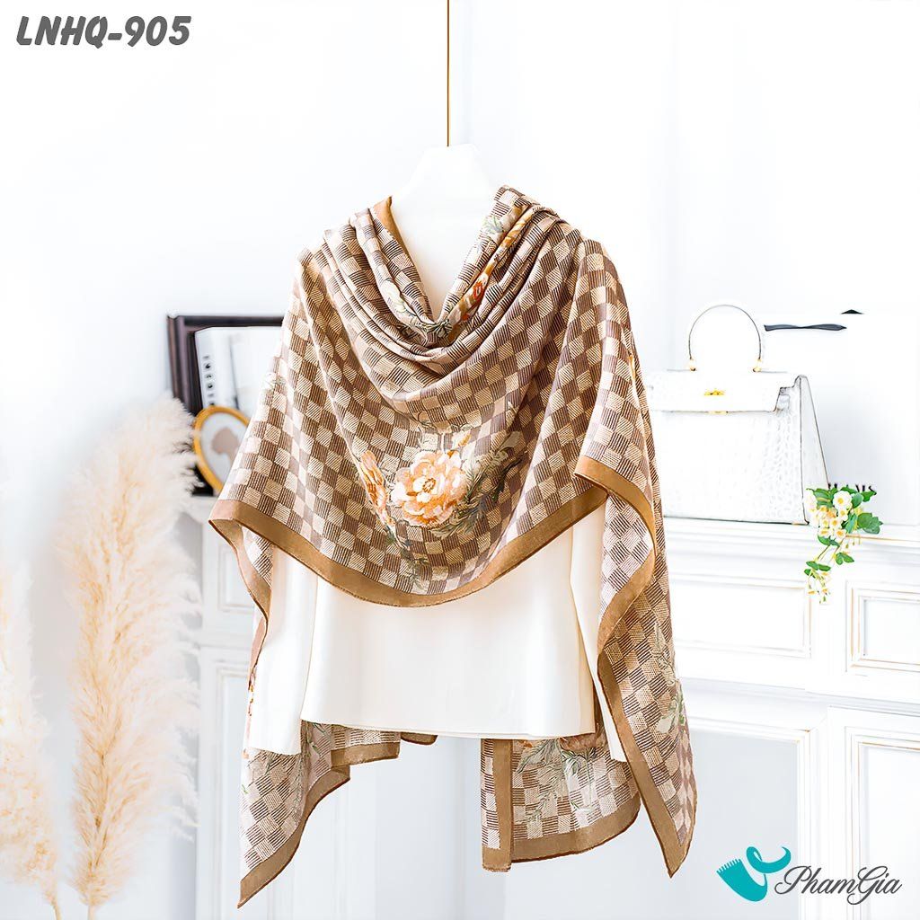 Khăn Choàng Linen Phong Cách Hàn Quốc Họa Tiết Caro Nâu Beige Phối Hoa Sang Trọng