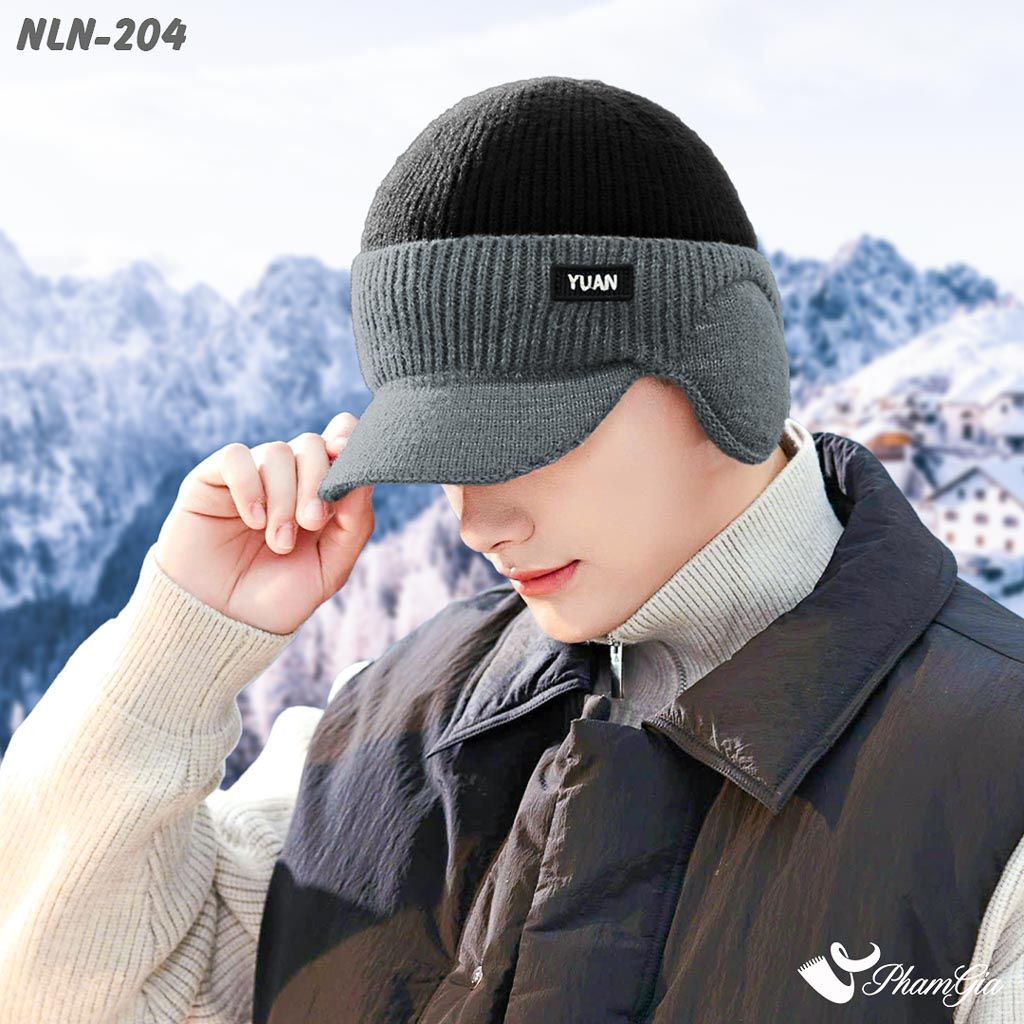 Người Mẫu Đội Nón Len Thu Đông Thời Trang Nam Kèm Tai Chụp Sành Điệu Phối Màu Đen Xám