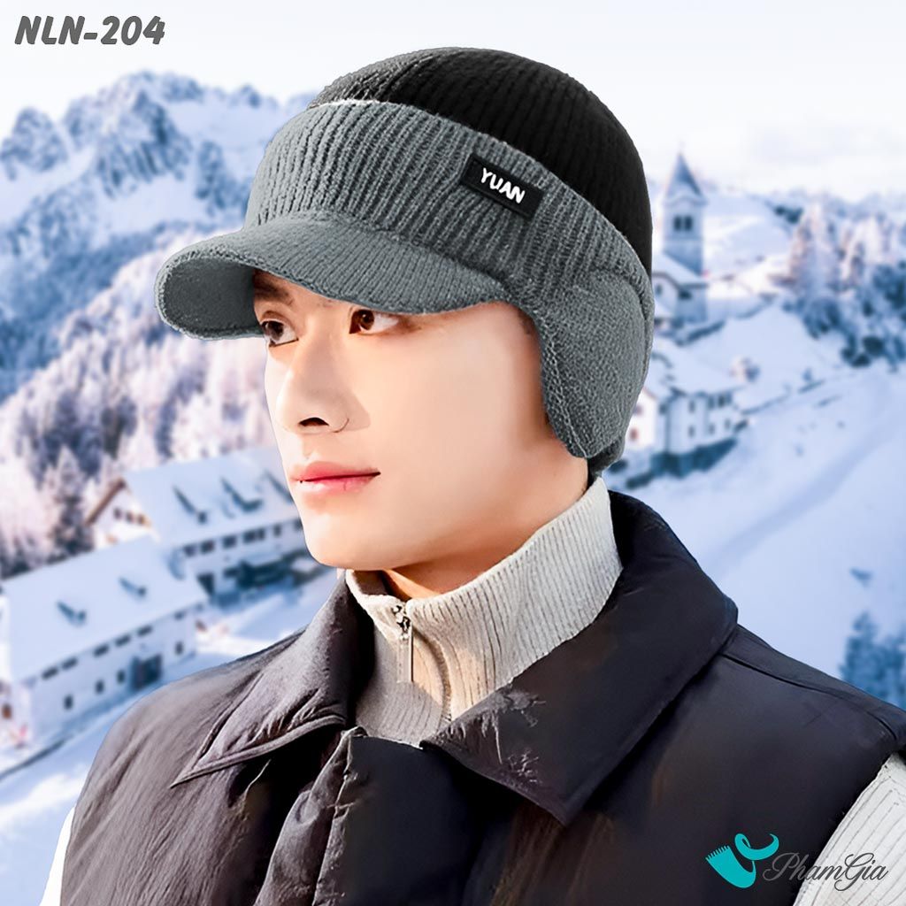 Model Đội Nón Len Thu Đông Thời Trang Nam Kèm Tai Chụp Sành Điệu Phối Màu Đen Xám