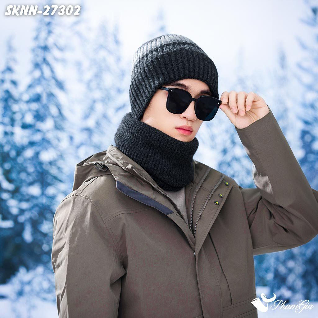 Set Khăn Nón Len Beanie Giữ Ấm Phối Màu Unisex Hiện Đại Màu Xám Ghi (SKNN27302)