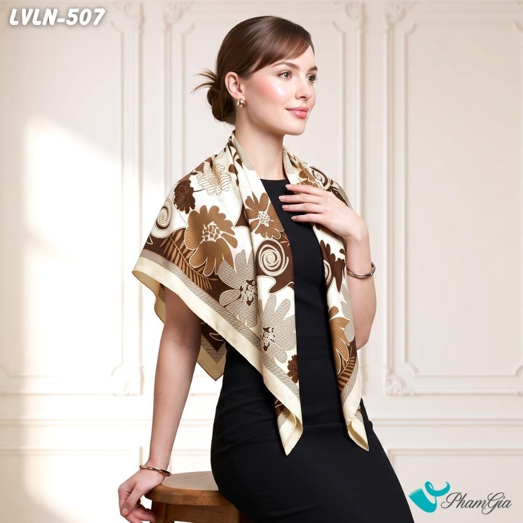 Khăn Lụa Vuông Luna 90X90Cm Họa Tiết Floral Cách Điệu Tone Nâu Be Thanh Lịch (LVLN507)