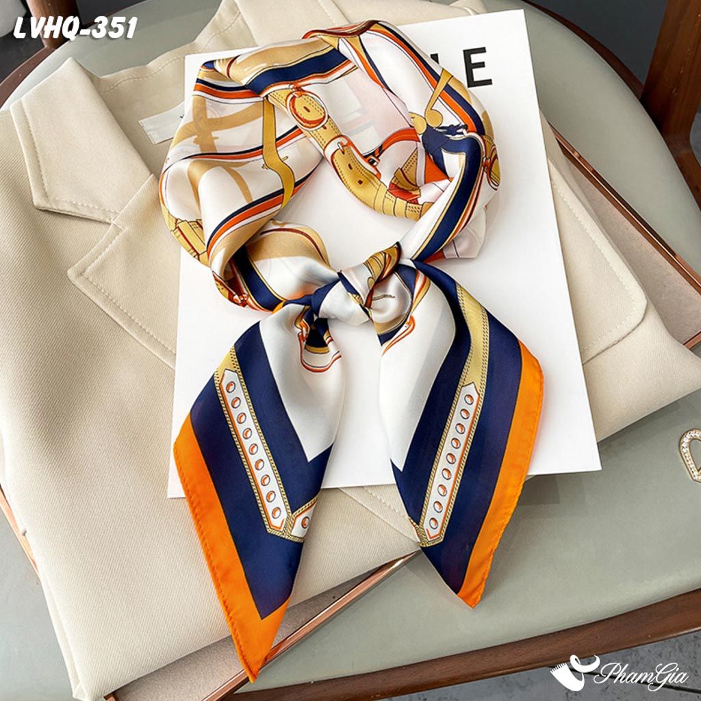 Góc Thẳng Khăn Lụa Vuông 70*70cm Phong Cách Hàn Quốc Họa Tiết Retro Phối Màu Xanh Navy - Cam