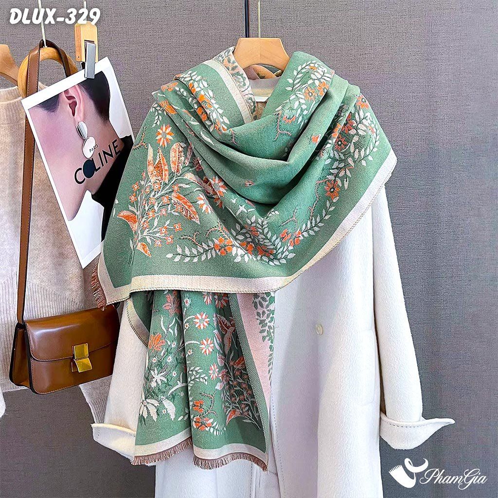 Khăn Choàng Dạ Cashmere Cao Cấp Họa Tiết Hoa Dây Leo Màu Xanh Ngọc Trang Nhã (DLUX329)