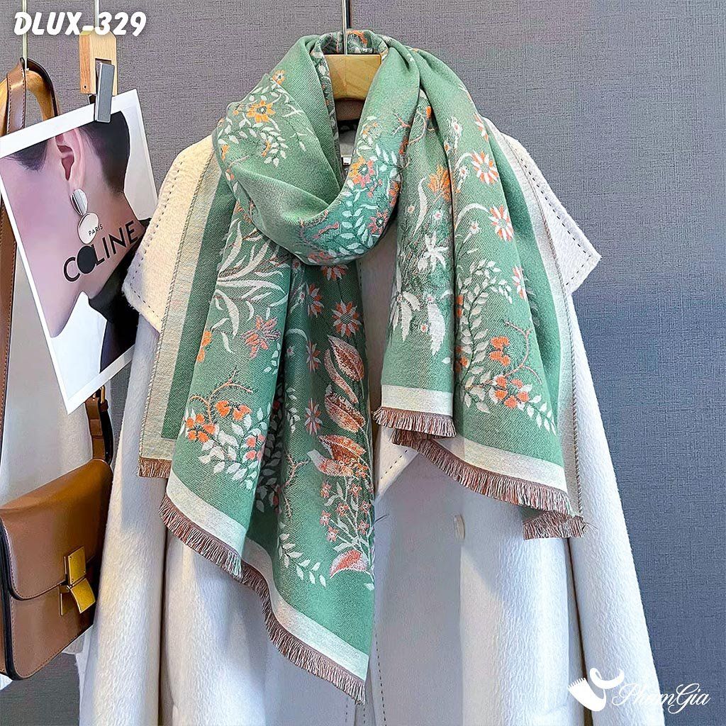 Khăn Choàng Dạ Cashmere Cao Cấp Họa Tiết Hoa Dây Leo Màu Xanh Ngọc Trang Nhã (DLUX329)